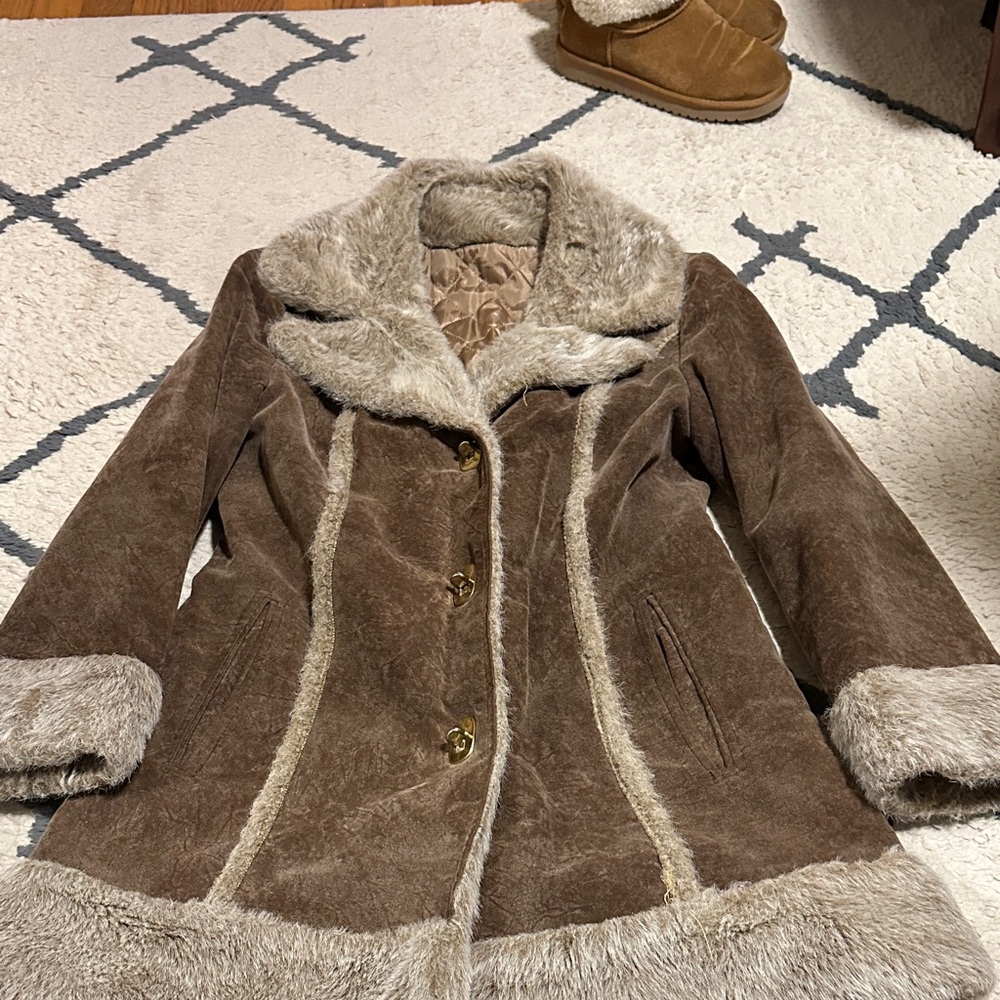 Lanson All Weather Coat Penny Lane-style suede jacket with faux fur trim